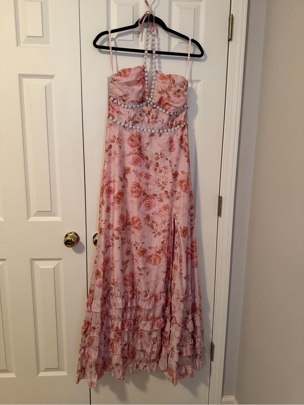Altar'd State Anastasia Pink Floral Halter Maxi with Pearl Crystal Trim